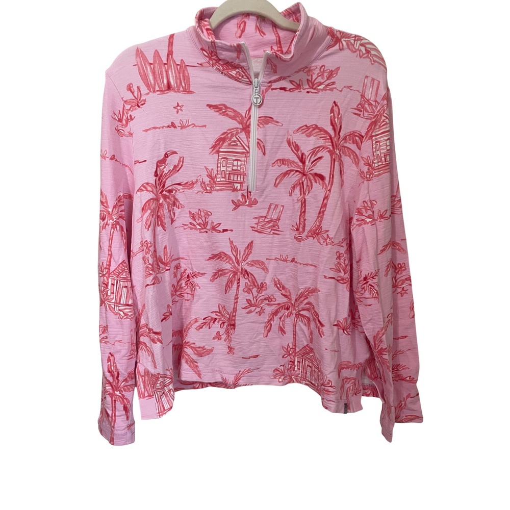 Talbots Size XL Pink Coastal Toile Beach Print UPF 50+ Quarter Zip Knit Pullover